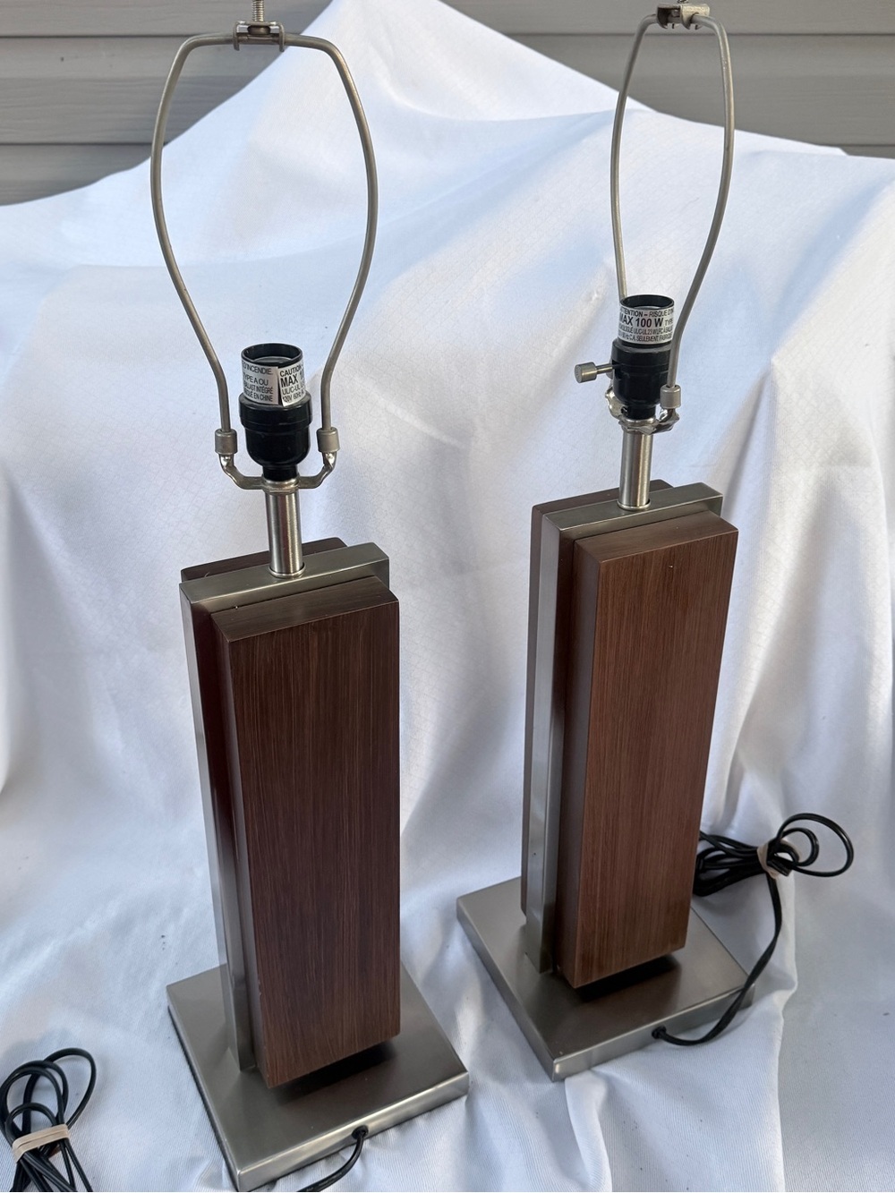 Pair Large Mid Century Modern Wood & Brushed Nickel Column Table Lamps
